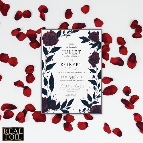 Modern Elegant Red Rose Black Leaf Wedding Gold Foil Invitation
