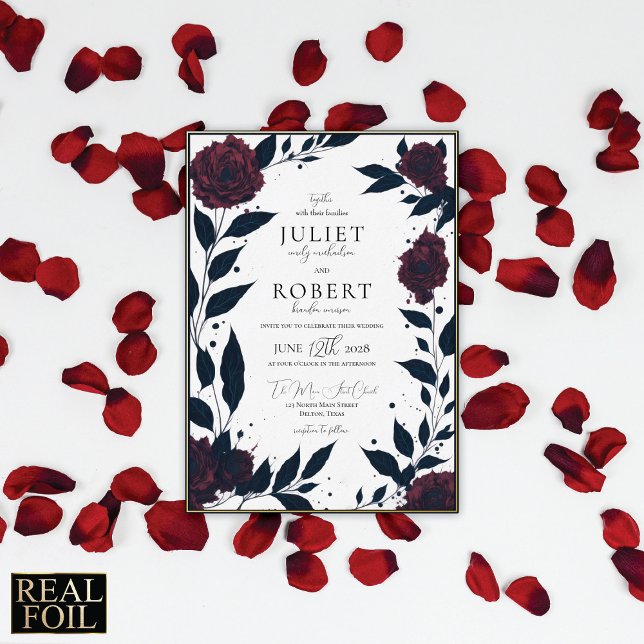 Modern Elegant Red Rose Black Leaf Wedding Gold Foil Invitation (Creator Uploaded)