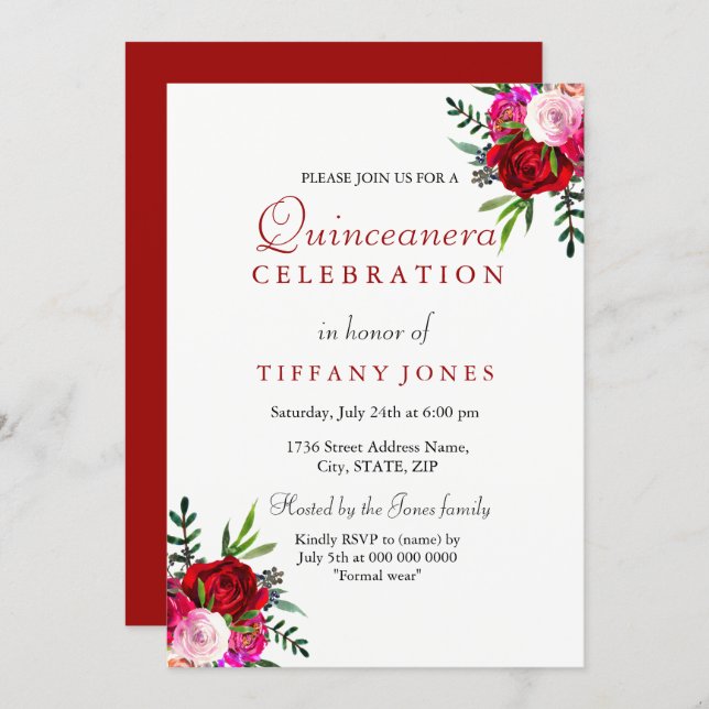 Modern Elegant Red Rose Quinceanera Invitation (Front/Back)