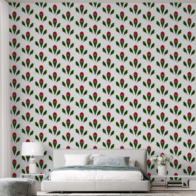 Modern Elegant Red Roses & Green Holly Pattern Wallpaper (Bedroom)