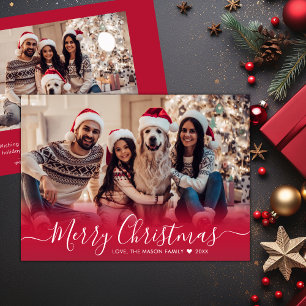 Modern Elegant Red Script 2 Photo Christmas Holida Holiday Card