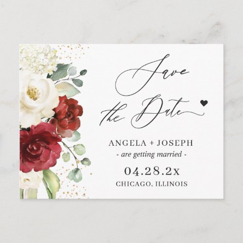Modern Elegant Red White Floral Save the Date Postcard