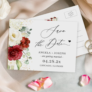 Modern Elegant Red White Floral Save the Date Postcard