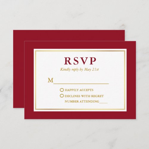 Modern Elegant Red White Gold RSVP Card
