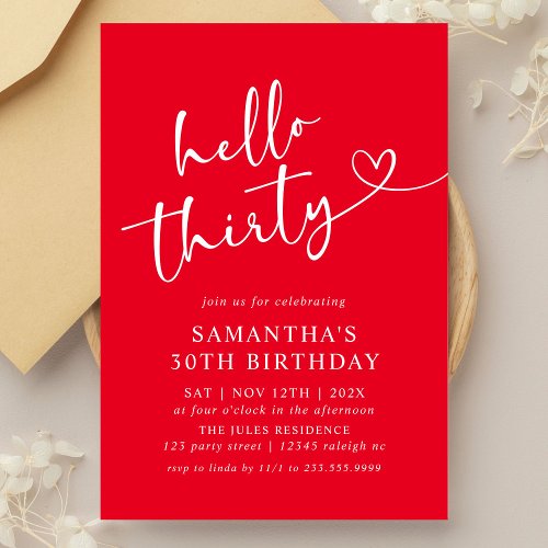 Modern Elegant Red White Hello 30th Birthday Party