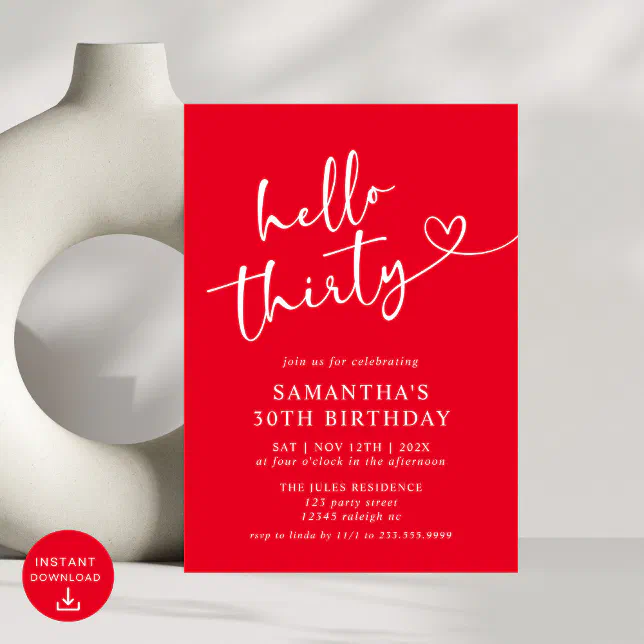 Modern Elegant Red White Hello 30th Birthday Party Invitation | Zazzle