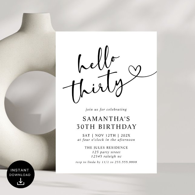 Modern Elegant Red White Hello 30th Birthday Party Invitation (Creator Uploaded)