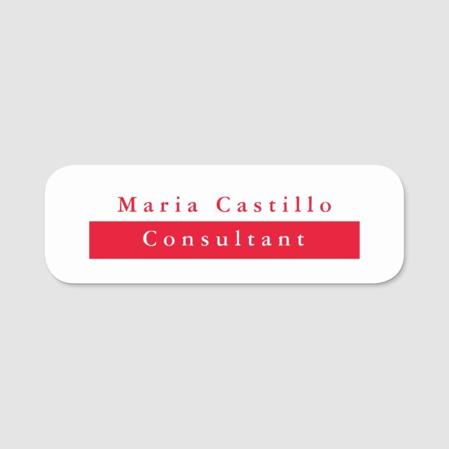 Modern Elegant Red White Minimalist Name Tag (Front)