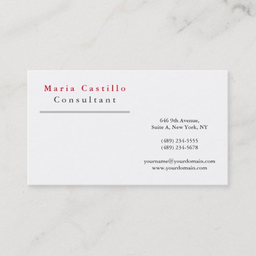 Modern Elegant Red White Minimalist Plain Business Card