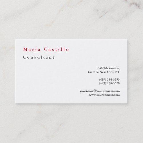 Modern Elegant Red White Minimalist Plain Business Card