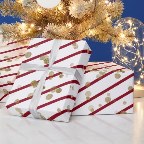 Modern Elegant Red White Stripe Gold Dots Wrapping Paper