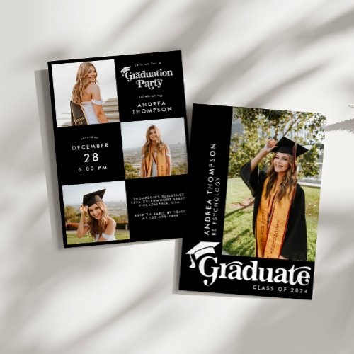 Modern Elegant Retro Graduation Cap Photo Collage Invitation