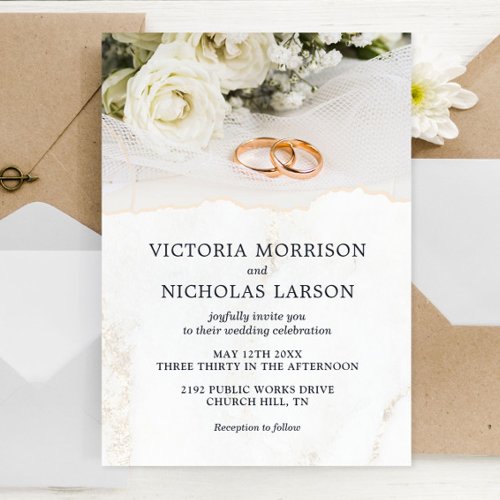 Modern Elegant Rings with Roses Wedding Invitation