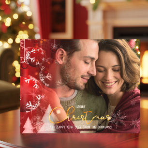 Modern Elegant Romantic Couple Red Gold Christmas  Holiday Card