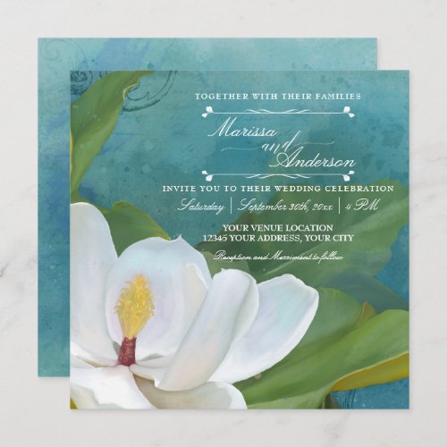 Modern Elegant Romantic Magnolia Floral Typography Invitation