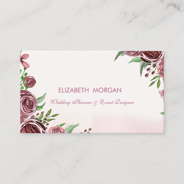 Modern Elegant Romantic Watercolor Flowers Roses Business Card (Front)