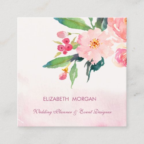 Modern Elegant Romantic Watercolor Flowers  Square Business Card