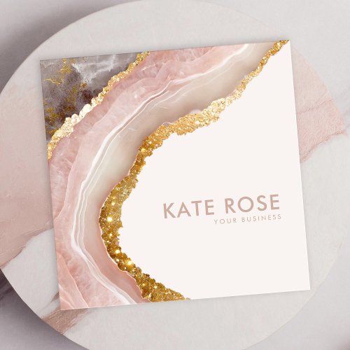 Modern Elegant Rose Agate Marble Gold Glitter Chic Square Business Card