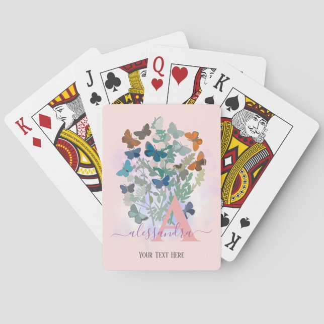 modern elegant rose butterfly monogram blush name poker cards (Back)