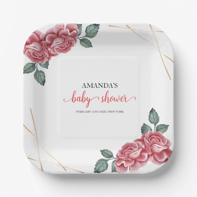 Modern Elegant Rose Floral Sweetheart Baby Shower  Paper Plates (Front)