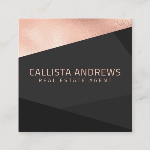 Modern Elegant Rose Gold Black Gray Geometric Square Business Card