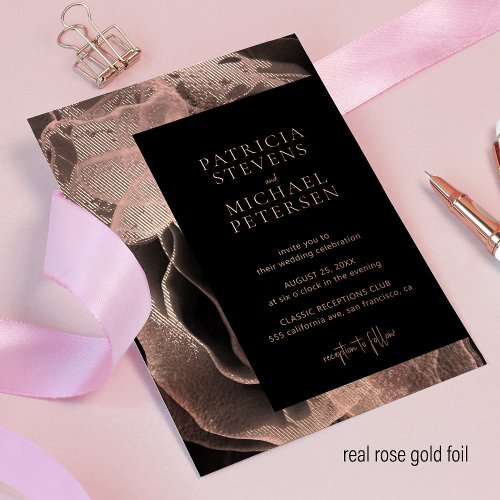 Modern elegant rose gold black wedding foil invitation