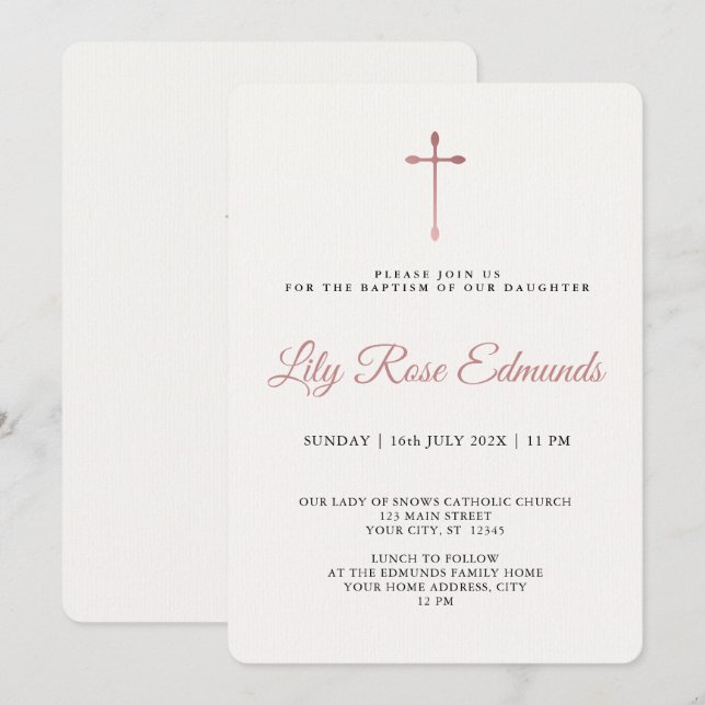 Modern Elegant Rose Gold & Blk Baptism  Invitation (Front/Back)