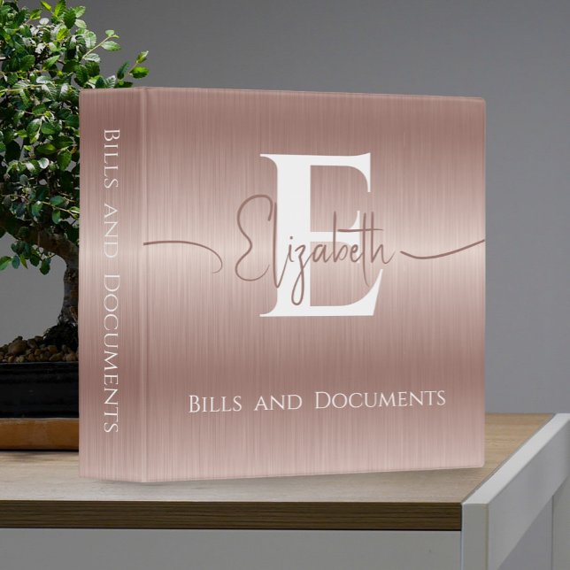 Modern Elegant Rose Gold Brushed Metal Monogrammed 3 Ring Binder (Creator Uploaded)