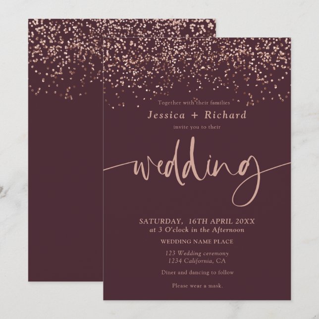 Modern elegant rose gold burgundy wedding script  invitation (Front/Back)