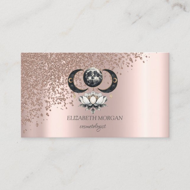 Modern Elegant Rose Gold Diamonds Lotus Moon Business Card (Front)