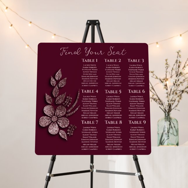 Modern Elegant Rose Gold Glitter Floral & Burgundy Foam Board (In Situ (Stand))