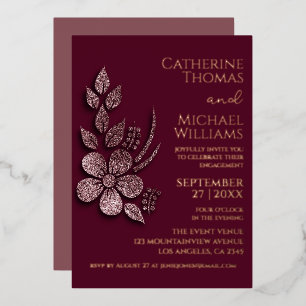 Modern Elegant Rose Gold Glitter Floral & Burgundy Foil Invitation