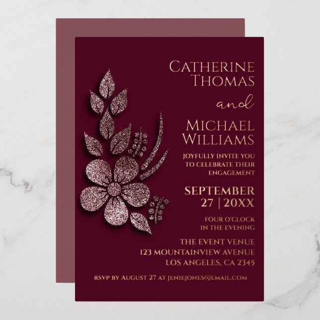 Modern Elegant Rose Gold Glitter Floral & Burgundy Foil Invitation (Front/Back)