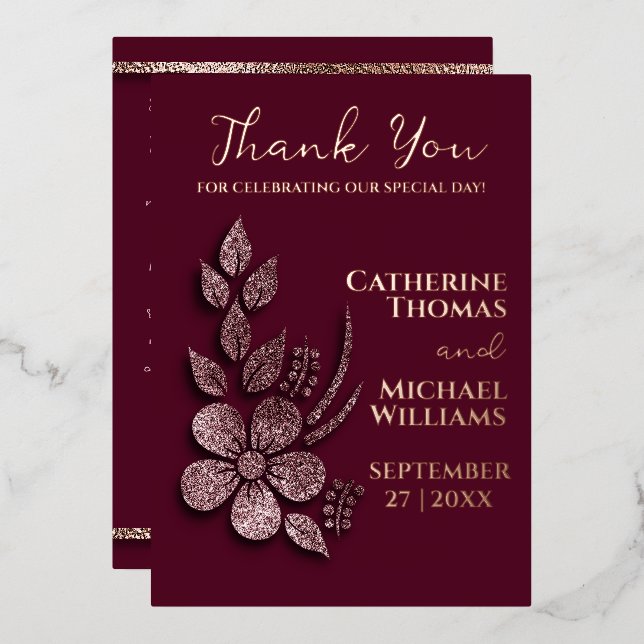 Modern Elegant Rose Gold Glitter Floral & Burgundy Foil Invitation (Front/Back)