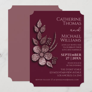 Modern Elegant Rose Gold Glitter Floral & Burgundy Invitation