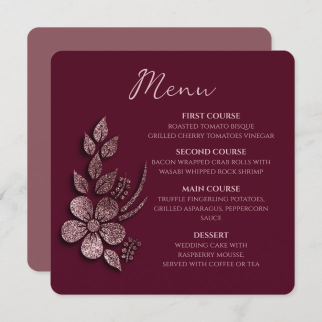 Modern Elegant Rose Gold Glitter Floral & Burgundy Menu (Front/Back)