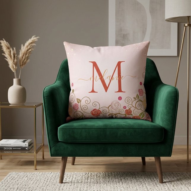 Modern Elegant Rose Gold Glitter Monogram Script  Throw Pillow (Creator Uploaded)