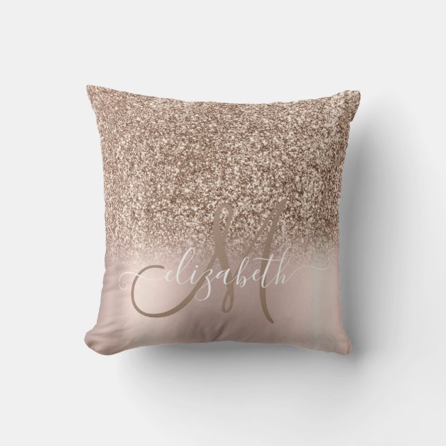 Modern Elegant Rose Gold Glitter Ombre Monogram Throw Pillow (Front)