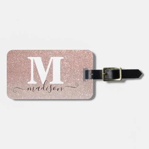 Modern Elegant Rose Gold Glitter Script Monogram Luggage Tag