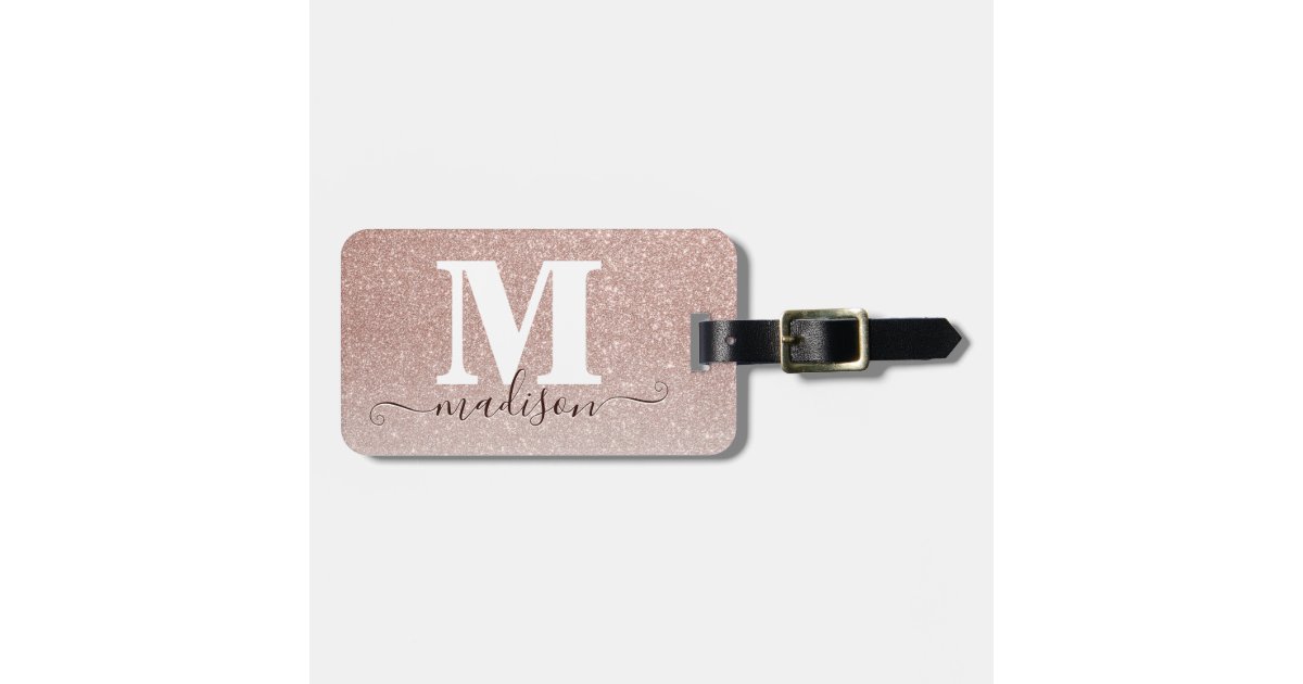 Modern Elegant Rose Gold Glitter Script Monogram Luggage Tag | Zazzle