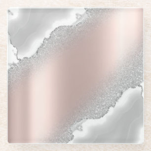 Modern Elegant Rose Gold Glitter Silver Marble Glass Coaster