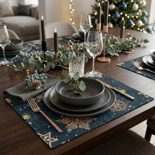 Modern Elegant Rose Gold Glitter Snowflakes Blue Cloth Placemat