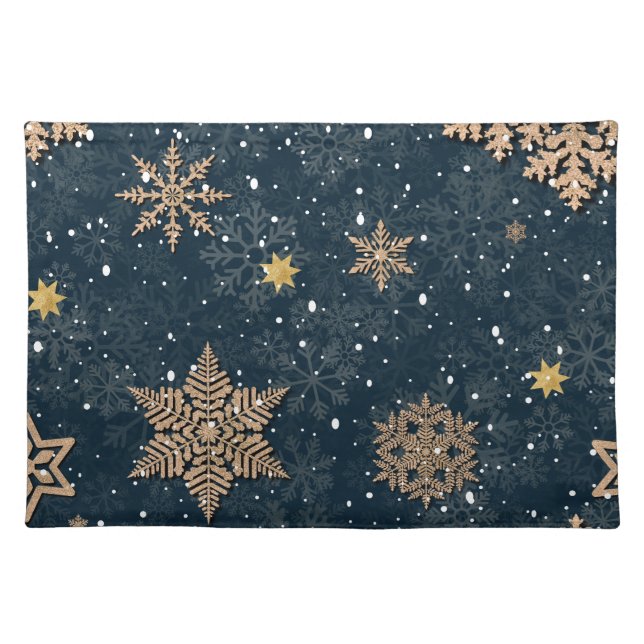 Modern Elegant Rose Gold Glitter Snowflakes Blue Cloth Placemat (Front)