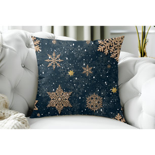 Modern Elegant Rose Gold Glitter Snowflakes Blue Throw Pillow