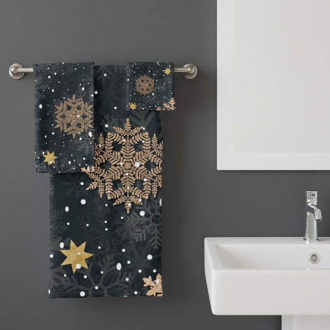 Modern Elegant Rose Gold Glitter Snowflakes Gray Bath Towel Set (Creator Uploaded)