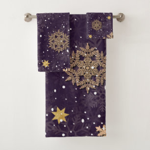 Modern Elegant Rose Gold Glitter Snowflakes Purple Bath Towel Set