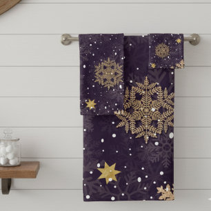 Modern Elegant Rose Gold Glitter Snowflakes Purple Bath Towel Set