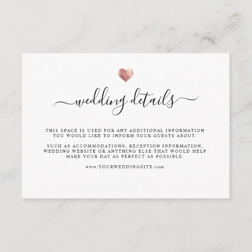 Modern Elegant Rose Gold Heart Wedding Details Enclosure Card