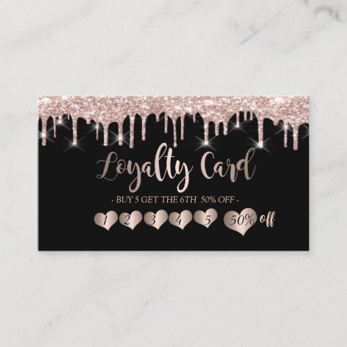 Modern Elegant Rose Gold Hearts Black Drips Loyalty Card