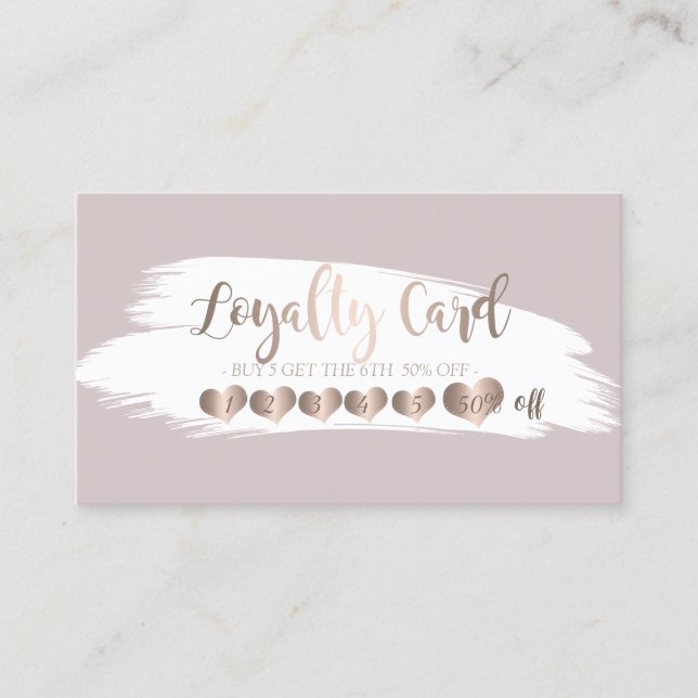Modern Elegant Rose Gold Hearts,Brush Stroke White Loyalty Card (Front)
